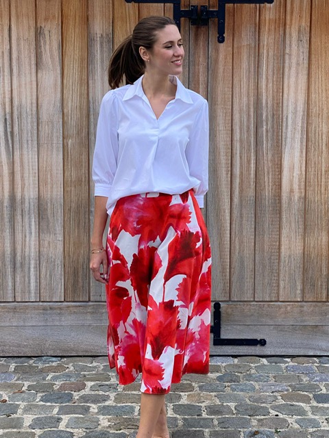 SHIRT MANON REF RIVA WHITE 100% COTON / SKIRT VIENNE Ref Céleste  RED 100% VISCOSE